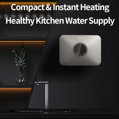 Aquecedor de água instantâneo ultrafino e compacto para cozinha.